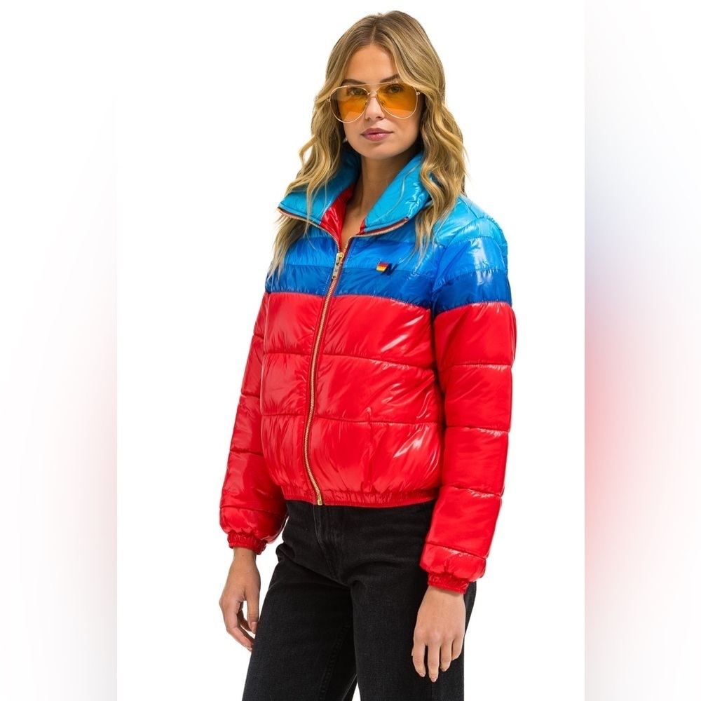 Aviator Nation Color Block Luxe Après Puffer Jacket Glossy Cherry XS Rare - Picture 3 of 16